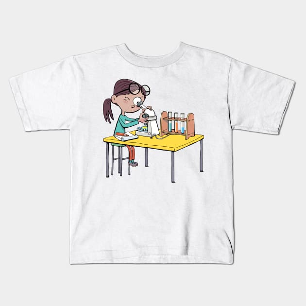 girl with a microscope is doing an experiment and writing down the details Kids T-Shirt by duxpavlic